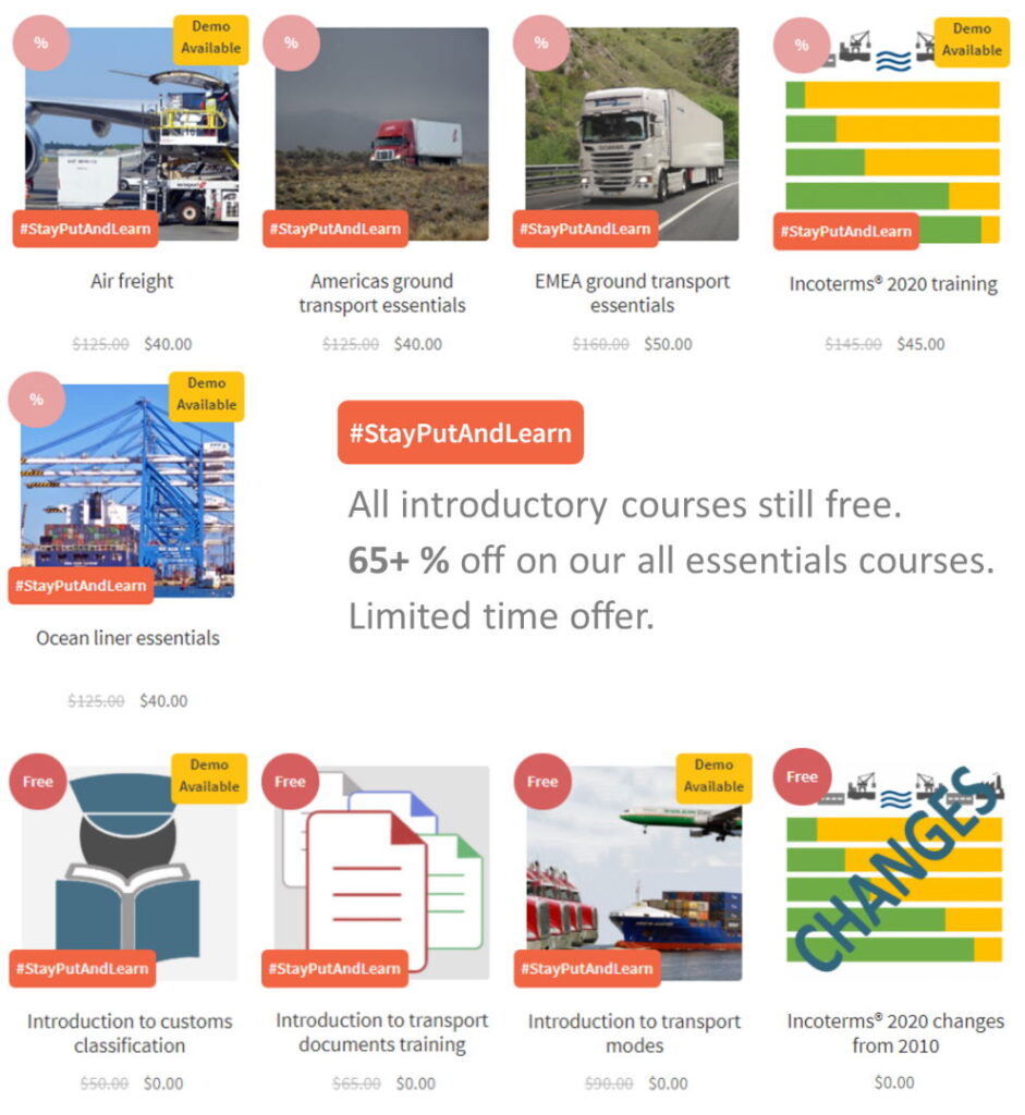 a list of our logistics training indicating the free logistics training and the discounted logistics training
