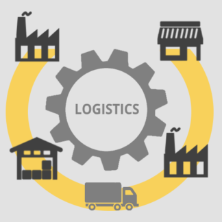 An icon representing a super simplified supply chain and logistics flow. Used to represent our online course introduction to logistics which present what logistics it and reviews its relation with transport and supply chain.